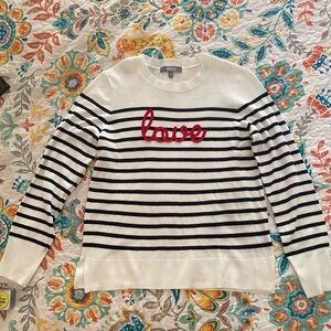 Talbots White and Black Striped Sweater with Red Love Detail